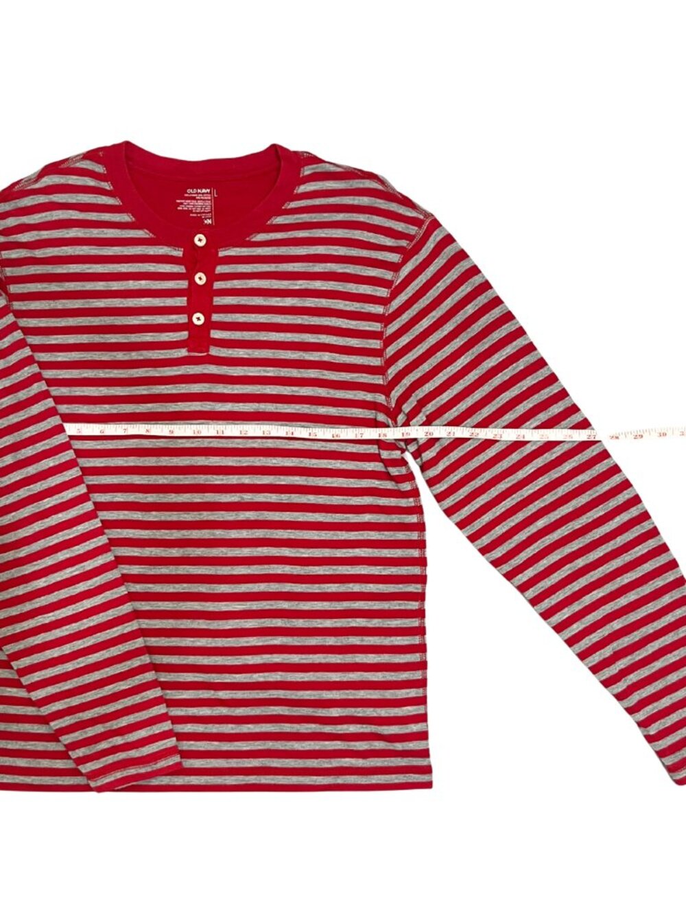 Old Navy Men’s L Red Gray Striped Henley Long Sleeve Shirt Preppy Casual Classic - Picture 4 of 10